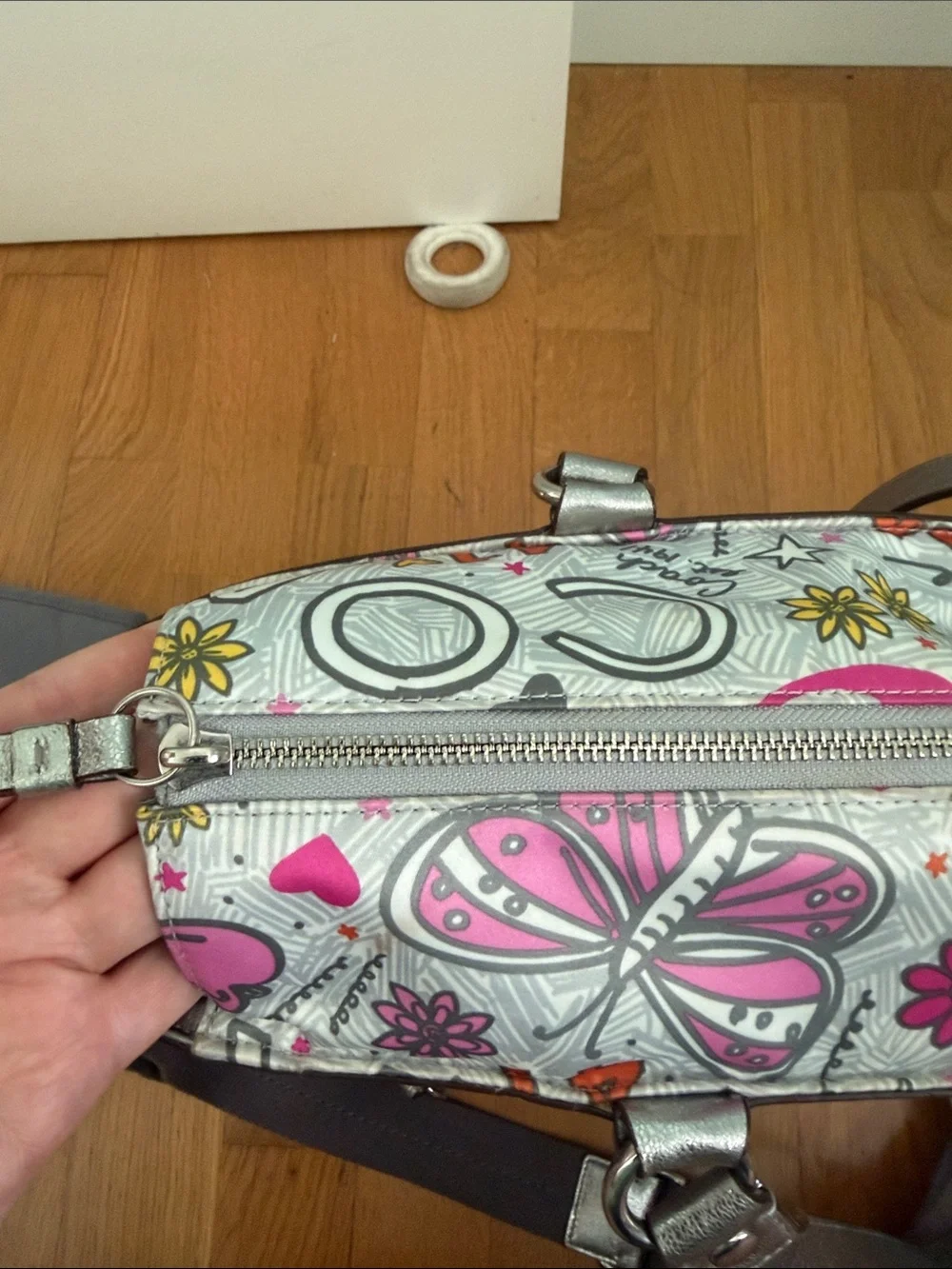 Coach Silver and Pink Graphic Butterfly Diaper Bag Y2K Vintage
